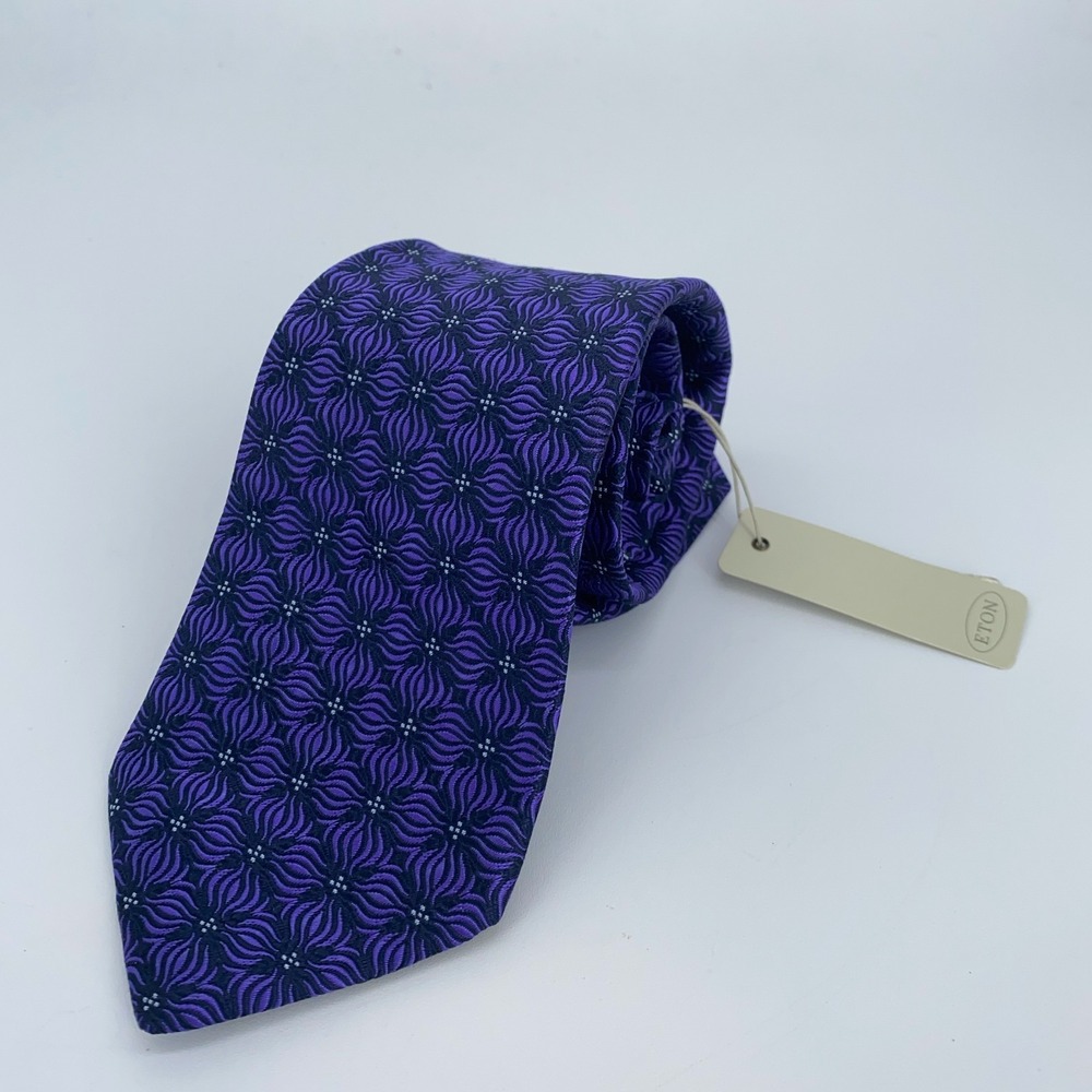 Eton Tie Mens One Size Purple Navy Patterned Classic Necktie England Made NWT